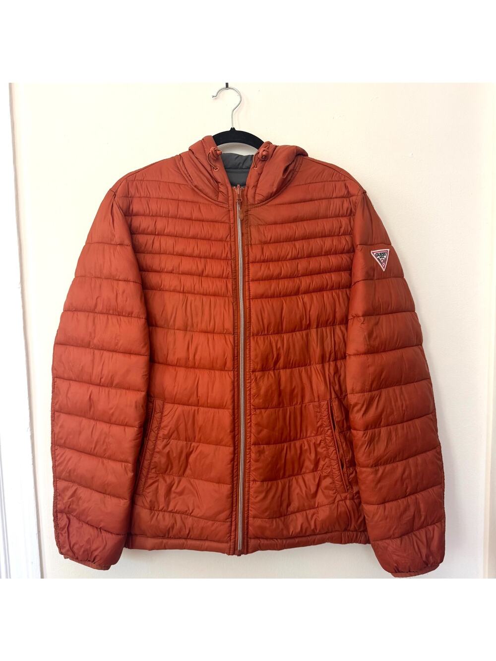 Guess Los Angeles Reversible Puffer Jacket Size L Rust Orange Gray Hooded Zip